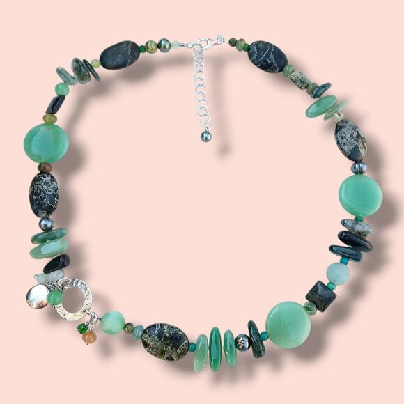 Multi Gemstone Necklace Green Aventurine Agate Pearl 18.5in Custom OOAK - Picture 1 of 11